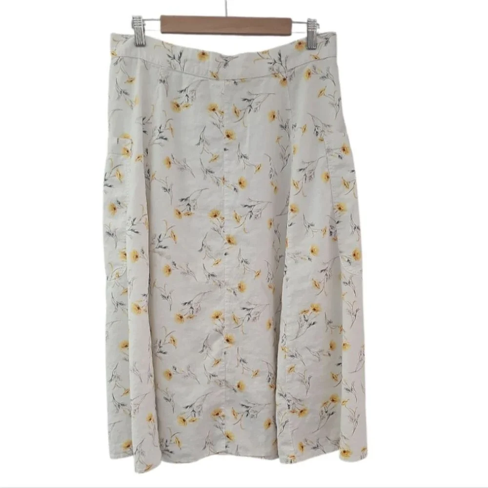 Happy Nature Linen Blend Floral Skirt Women’s 14 Cream Yellow Midi Cottagecore